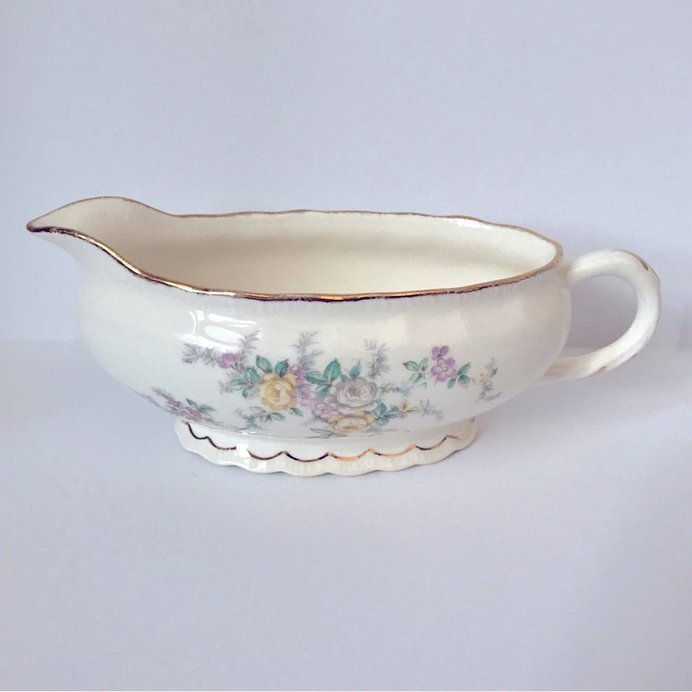 Vintage Pope Gosser China Gravy Boat Fairfax Lavender Yellow Rose Garland Cottag